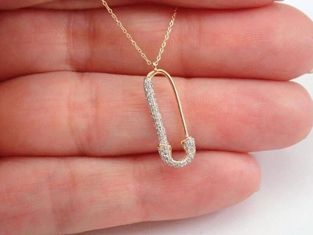 1.10Ct Round Cut Lab Created Diamond SAFETY PIN Pendant 14K Yellow Gold Plated