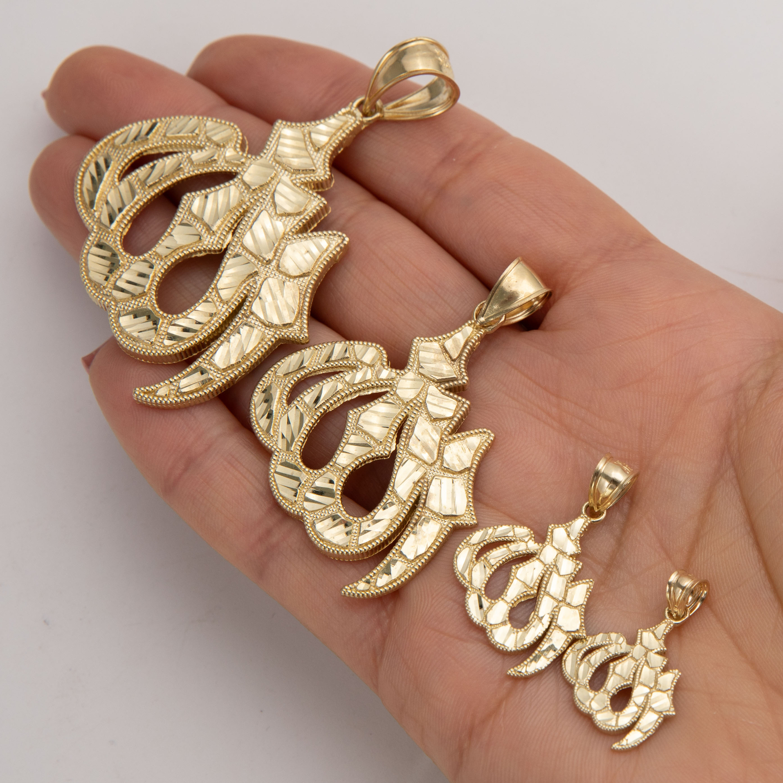 10K Solid Gold Diamond-Cut Allah God Nugget Pendant Yellow Gold