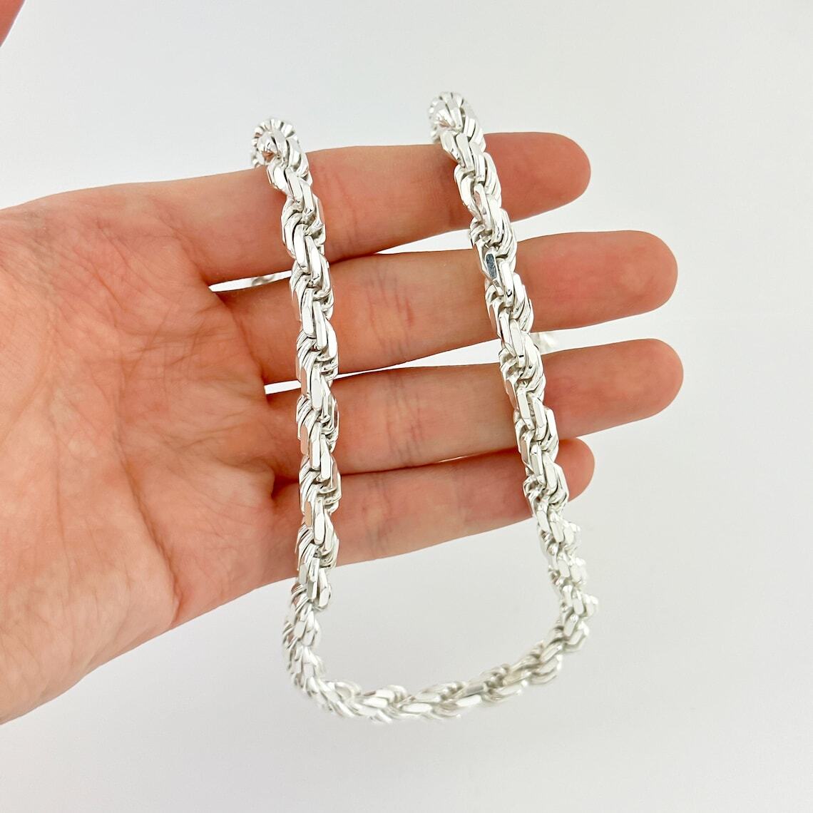 925 Sterling Silver Diamond Cut Rope Chain 5mm Mens Necklace – Italy – All Sizes