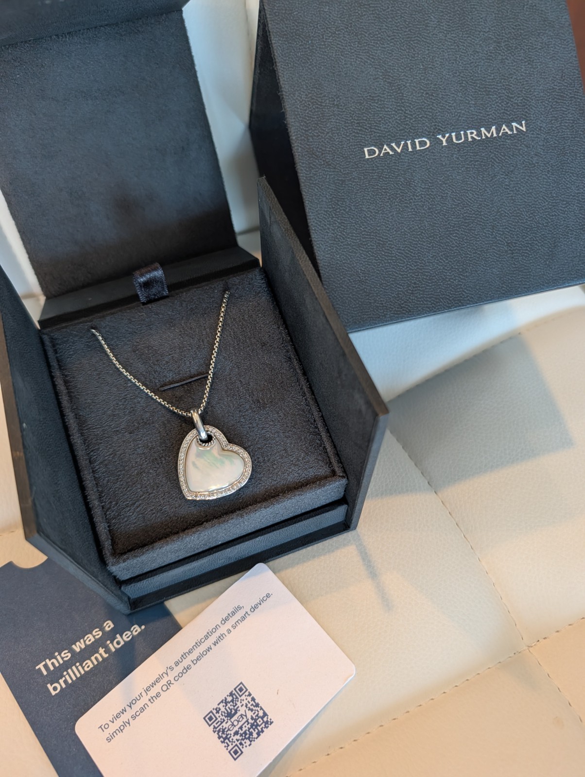 David Yurman Heart Diamond Mother Of Pearl Pendant Necklace 16-18″ Gorgeous New