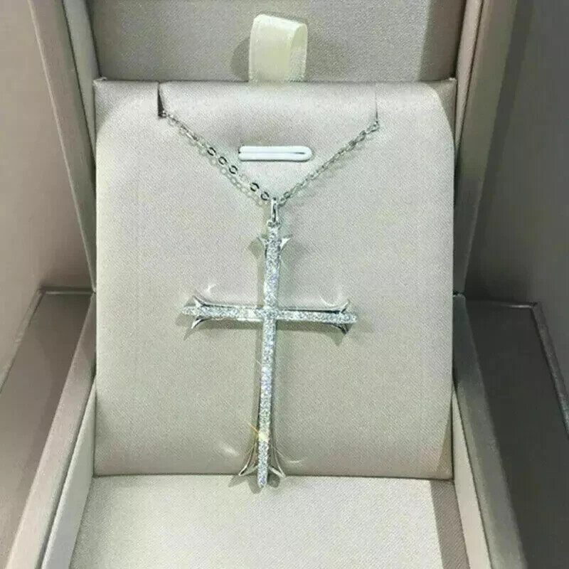 1.00Ct Round Cut VVS1 Diamond Cross Pendant 14K White Gold Finish Free Chain