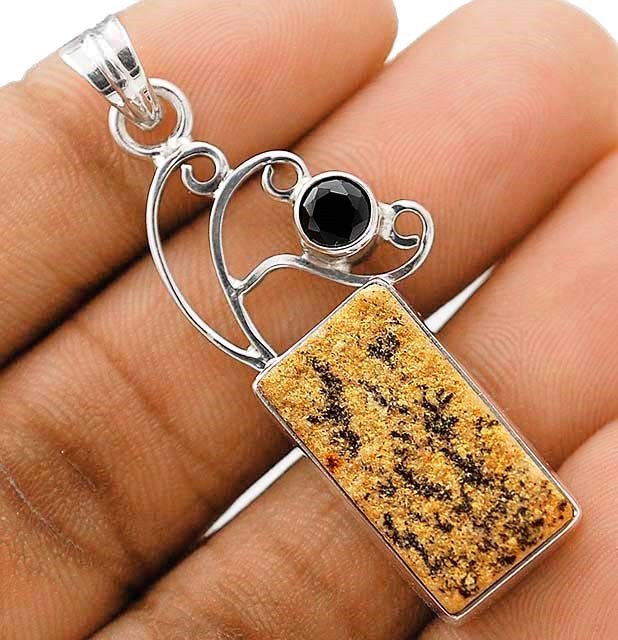 Natural Psilomelane Dendrite German & Tourmaline 925 Sterling Silver Pendant