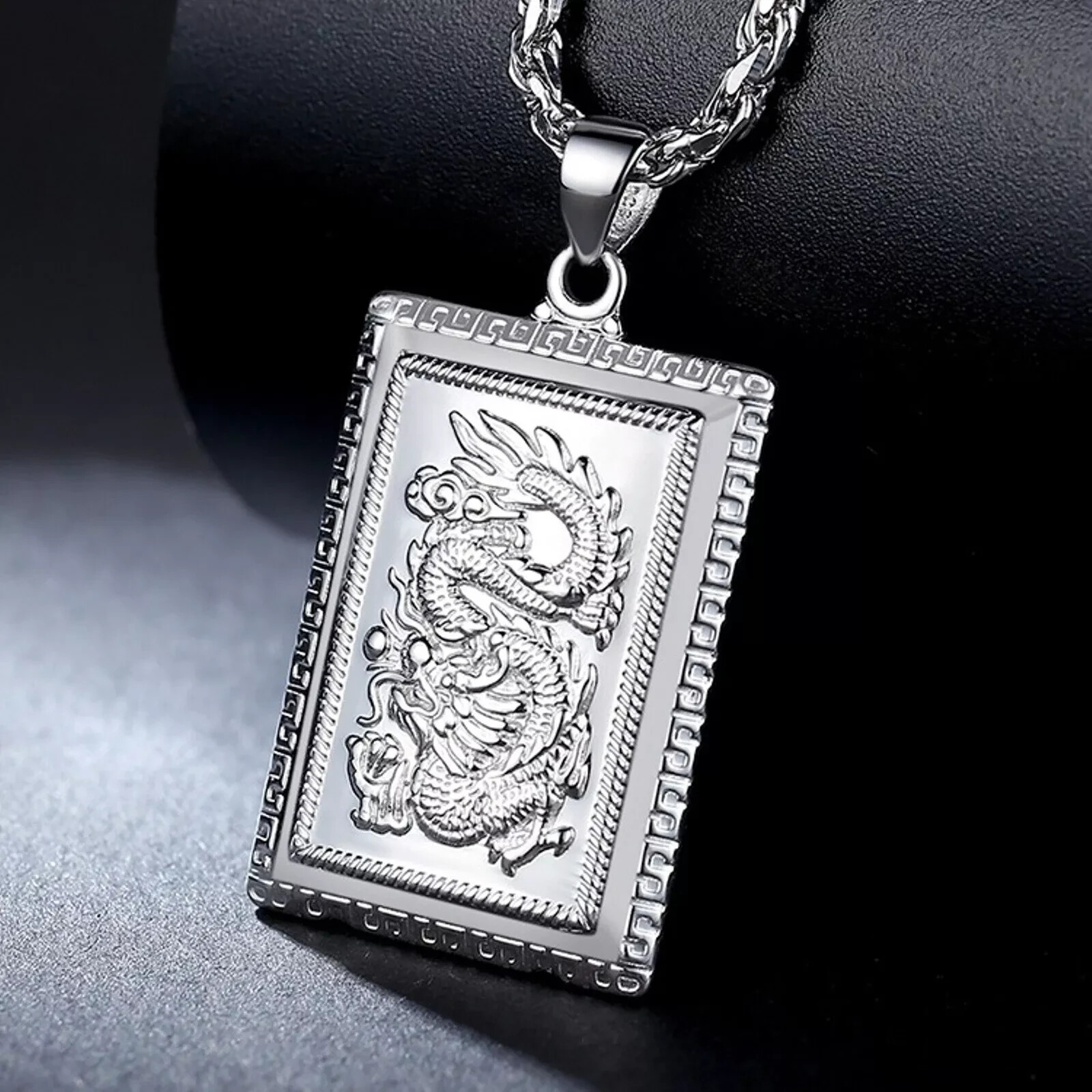 Pure Platinum 950 Men Women Lucky Carved Square Dragon Oblong Pendant 3.6-3.8g