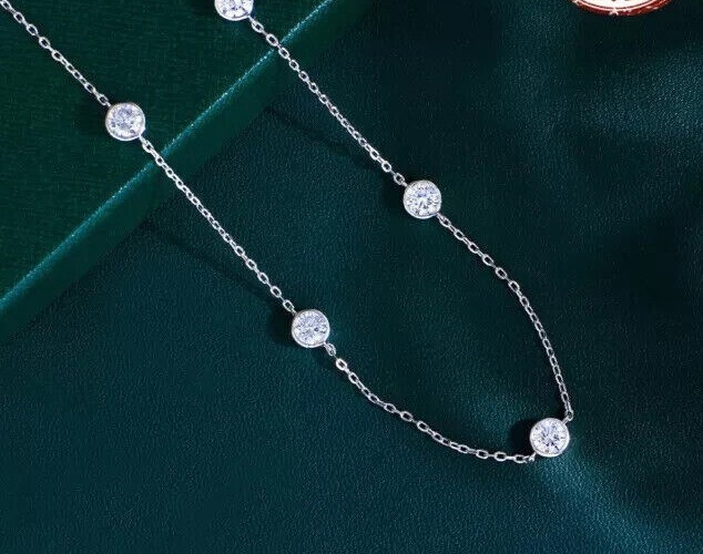 14k White Gold Round 1Ct Natural Diamond By The Yard Bezel Station Necklace 18″