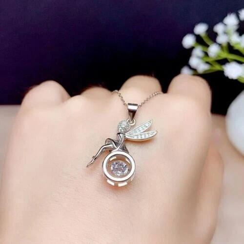 0.60Ct Round Cut Real Moissanite Angel Wings Pendant 14K White Gold Plated Chain
