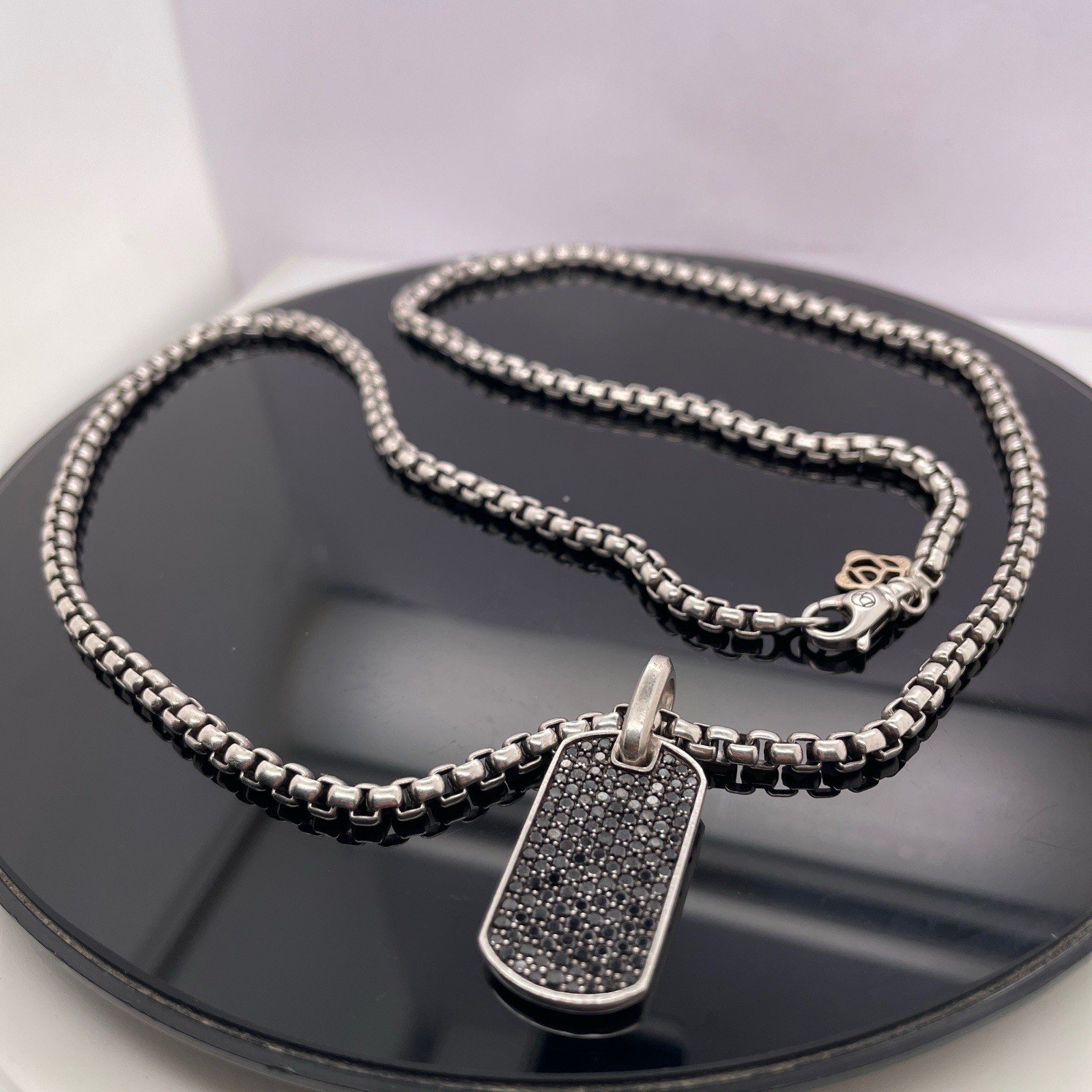 David Yurman Silver Black Diamonds Chevron Tag Pendant Necklace $2600 / 27mm