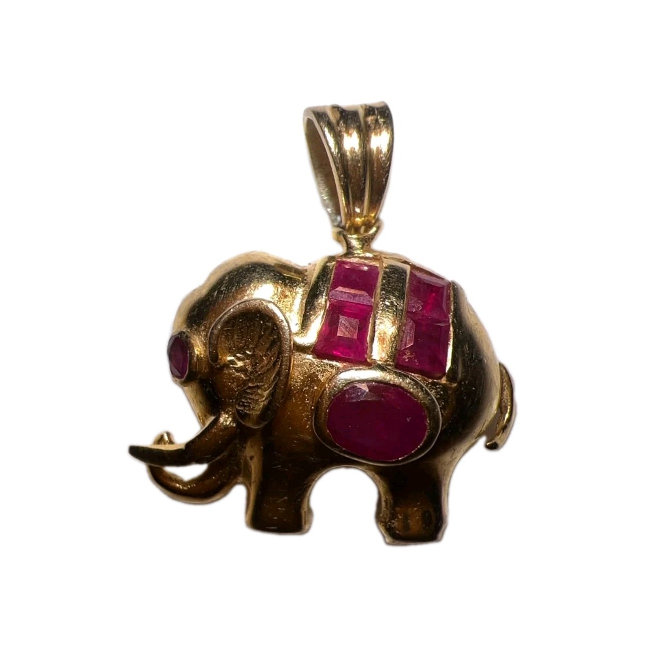 14K Yellow Gold Ruby Elephant Charm Pendant, Signed, Oval Red Stone