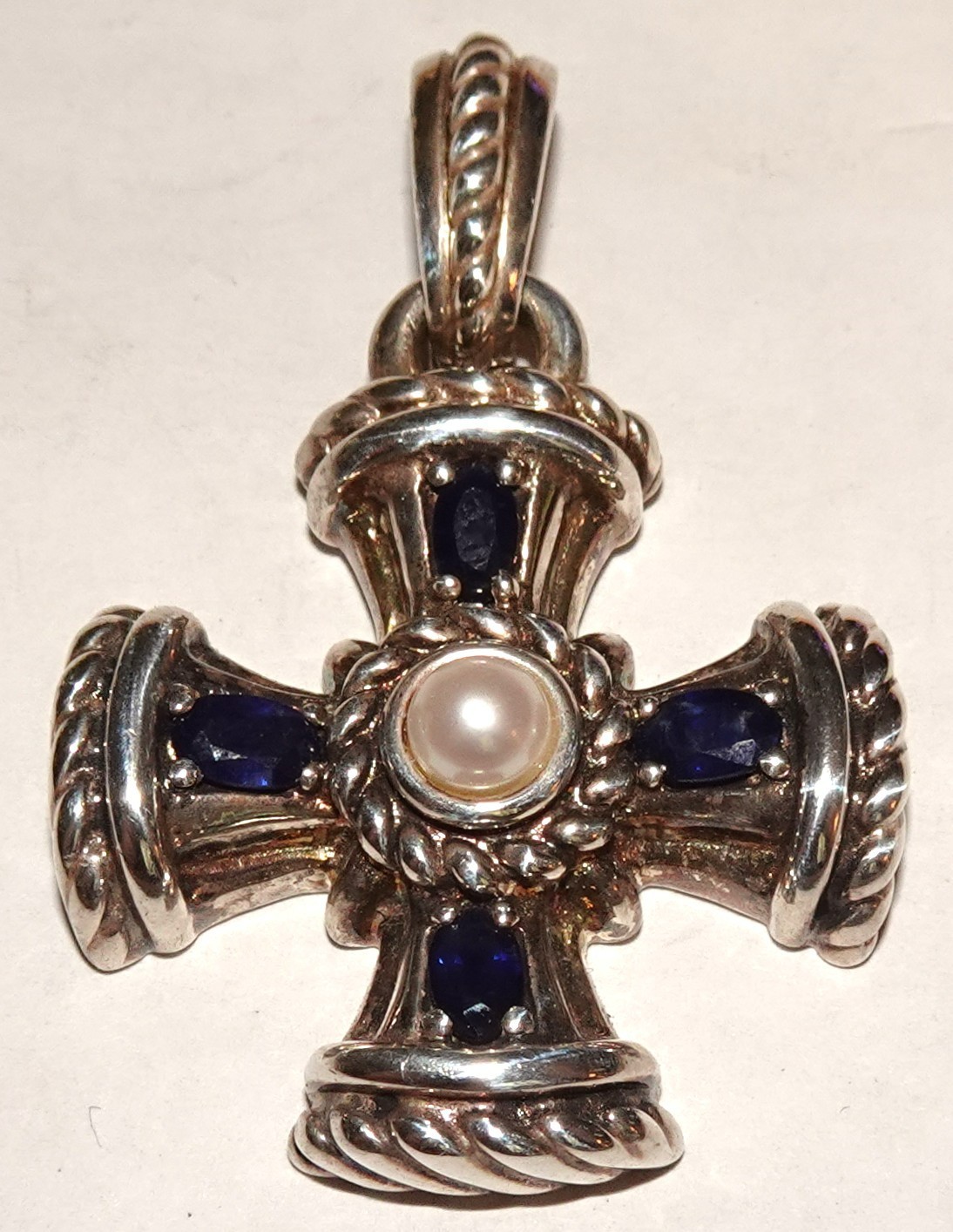 Chunky Judith Ripka Sterling Silver Sapphire & Pearl Cross Enhancer Pendant