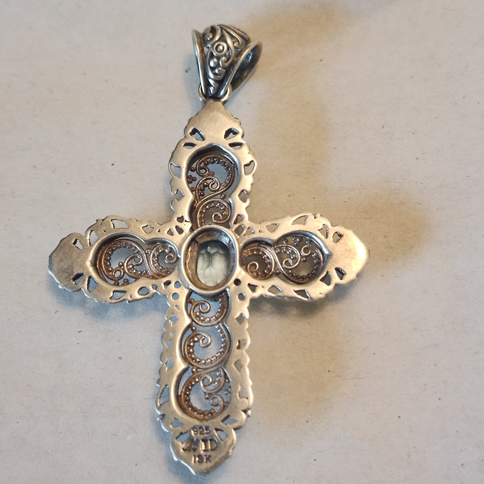 Robert Manse Sterling Silver 925 and 18k Gold Cross Blue Topaz Pendant