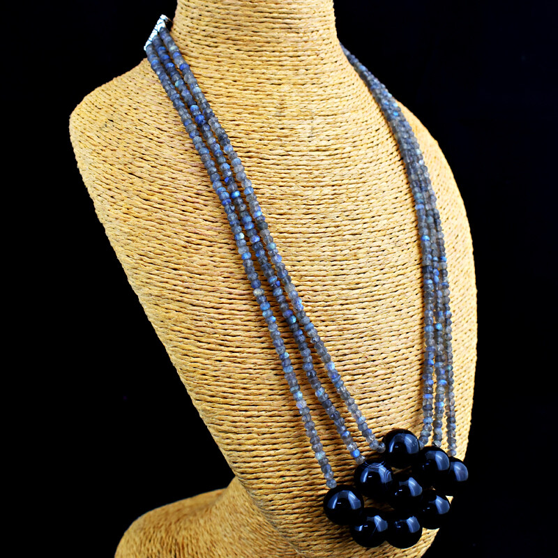 485.00 Cts Natural 3 Strand Onyx & Labradorite Round Beads Necklace JK 12E283