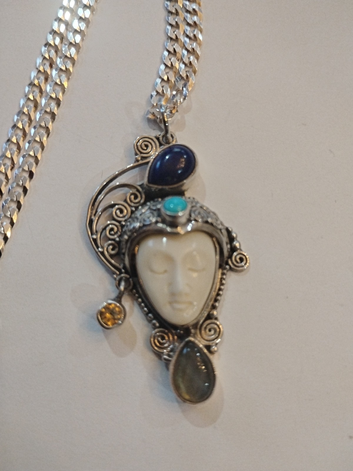 SAJEN BALI CARVED FACE NECKLACE 16-IN MULTIPLE GEMSTONE