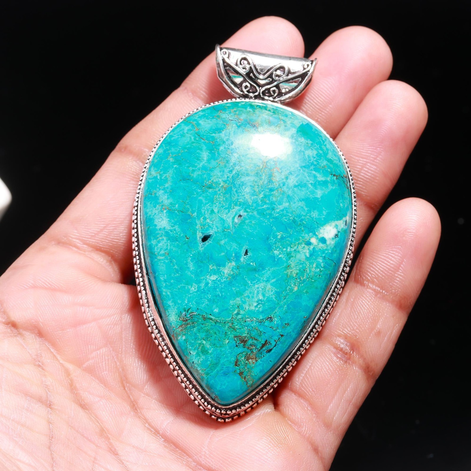 Huge Tibetan Turquoise Gemstone Handmade Boho 925 Sterling Silver Pendant