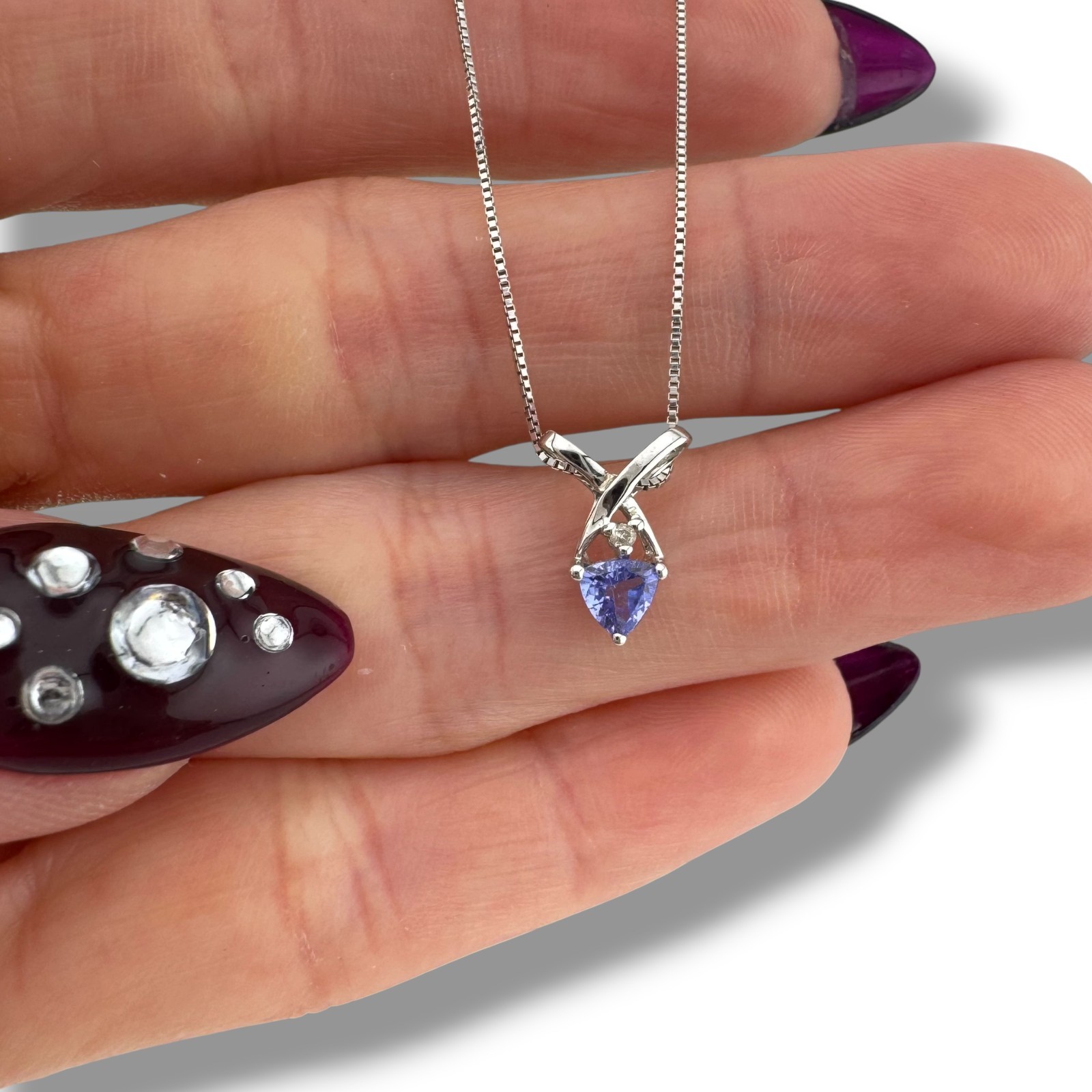 Dainty 14K White Gold 0.24 Carat Trillion Tanzanite Diamond Accent Necklace