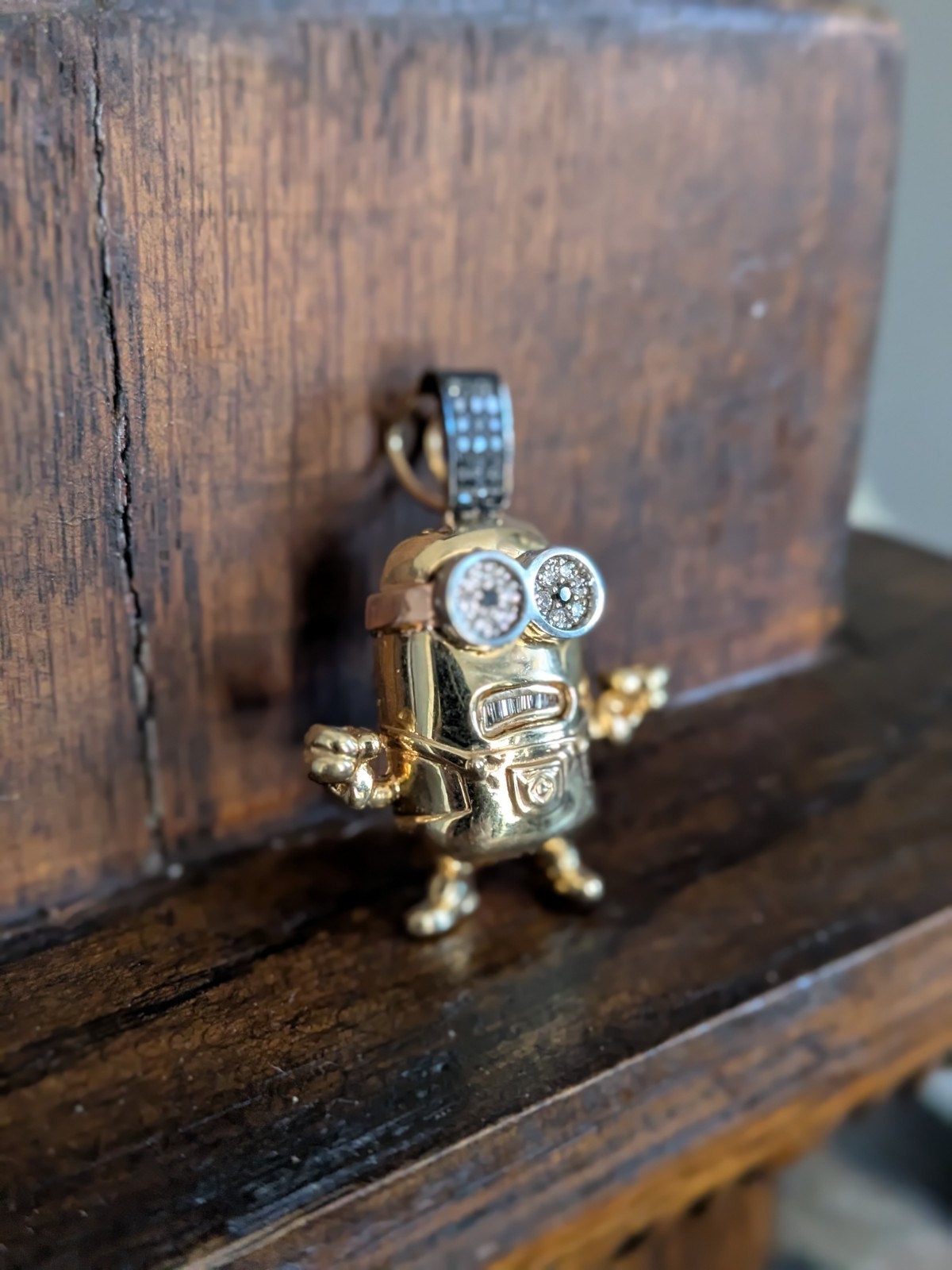 One of a Kind 14k Gold Minion Pendant White & Black Diamond 15.11g