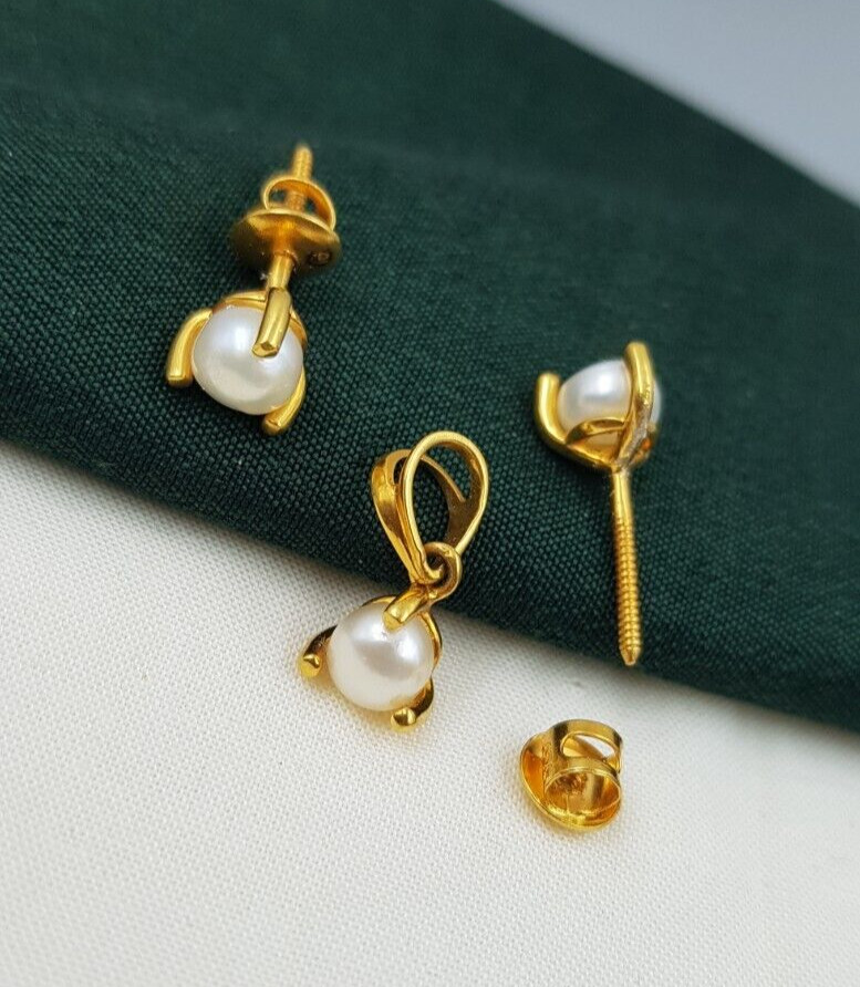 Pearl 22K Gold Pendant With Earrings Fancy Light Weight Pendant Set Women Girl