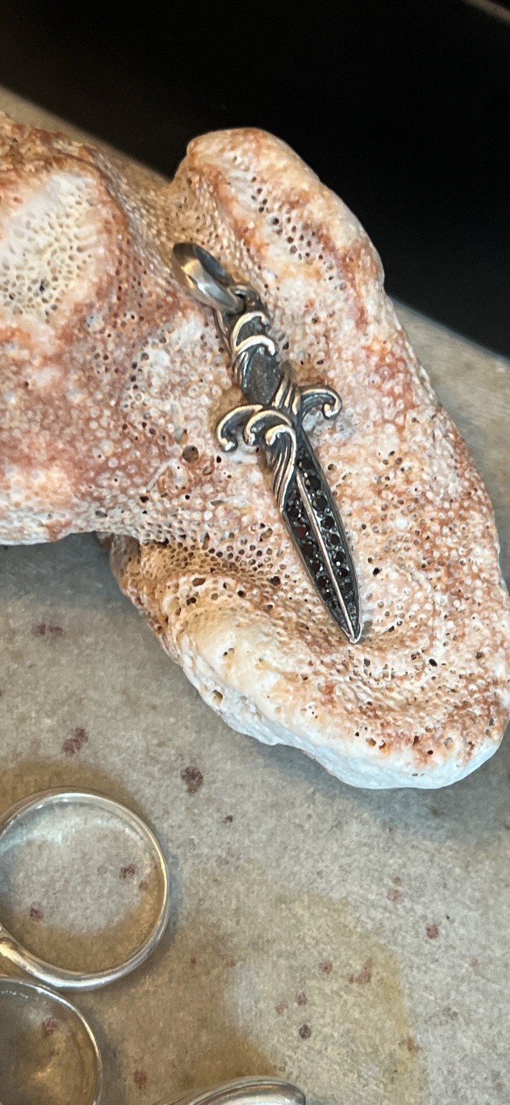 David Yurman Sterling Silver 925 Waves Dagger Amulet Pendant 2ct Black Diamonds