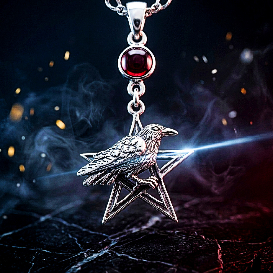 Vintage 925 Sterling Silver Garnet Pentagram Raven Necklace