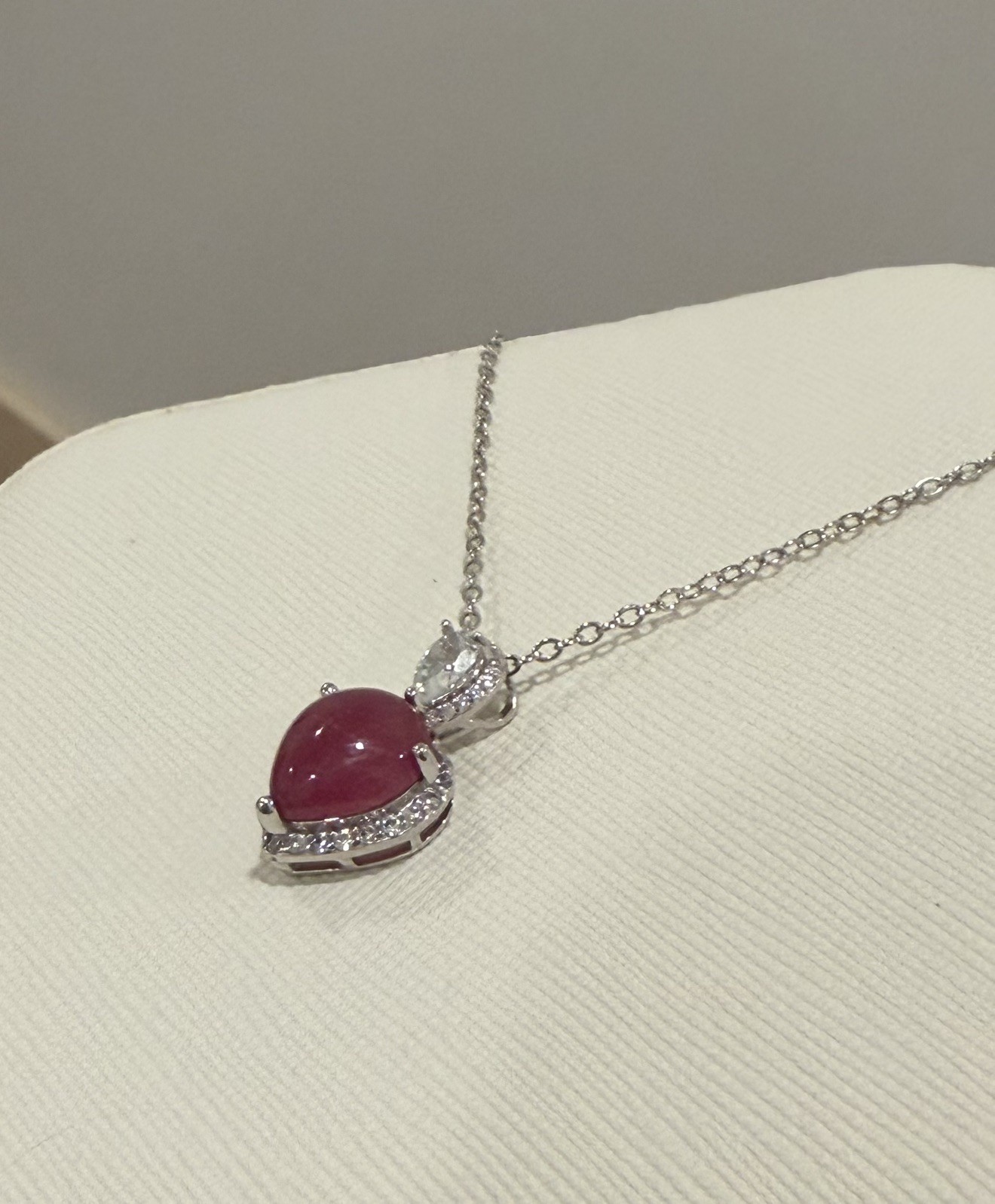 Stunning Natural Red Ruby 9x11mm & White Topaz 925 Sterling Pendant Necklace 18”
