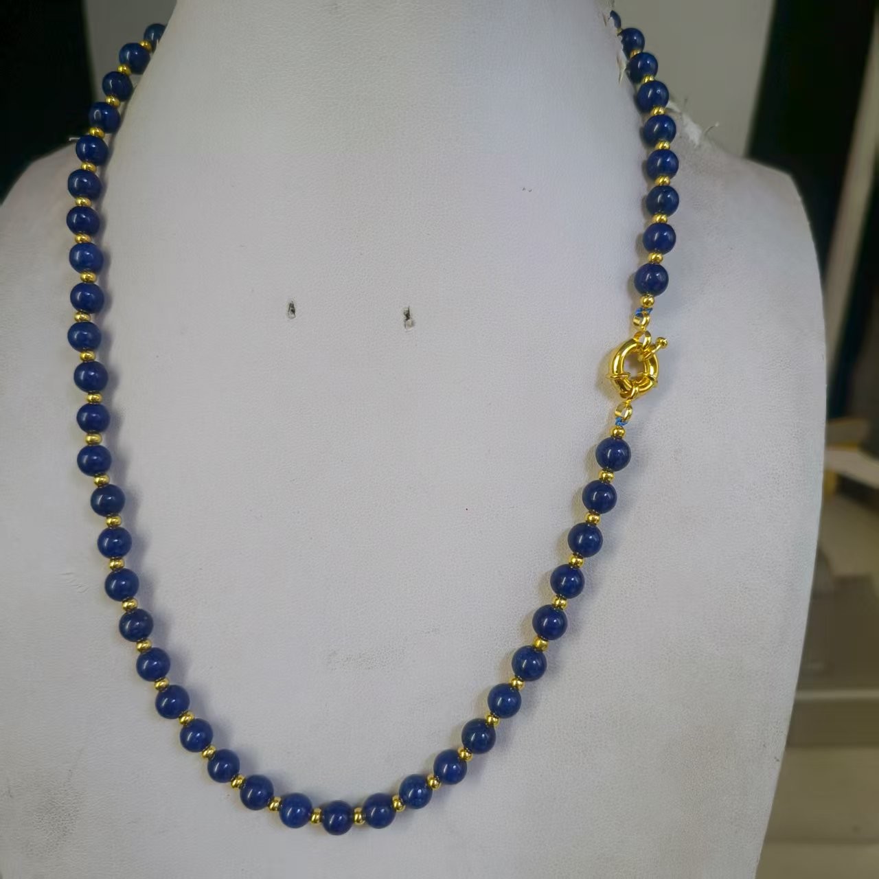 Beautiful 6mm Blue Lapis Lazuli Gold Choker Beaded Necklace Round Gemstone 18″