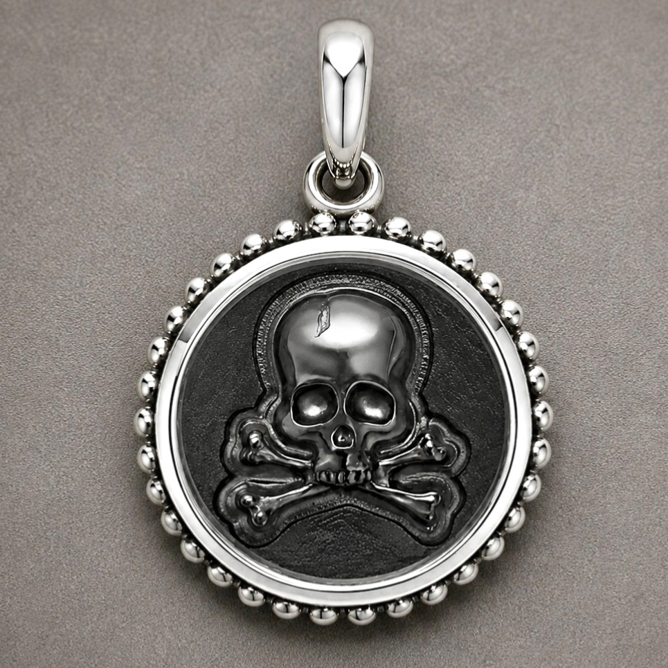 Lagos Men’s Sterling Silver 925 Onyx Anthem Circle Skull & Crossbones Pendant