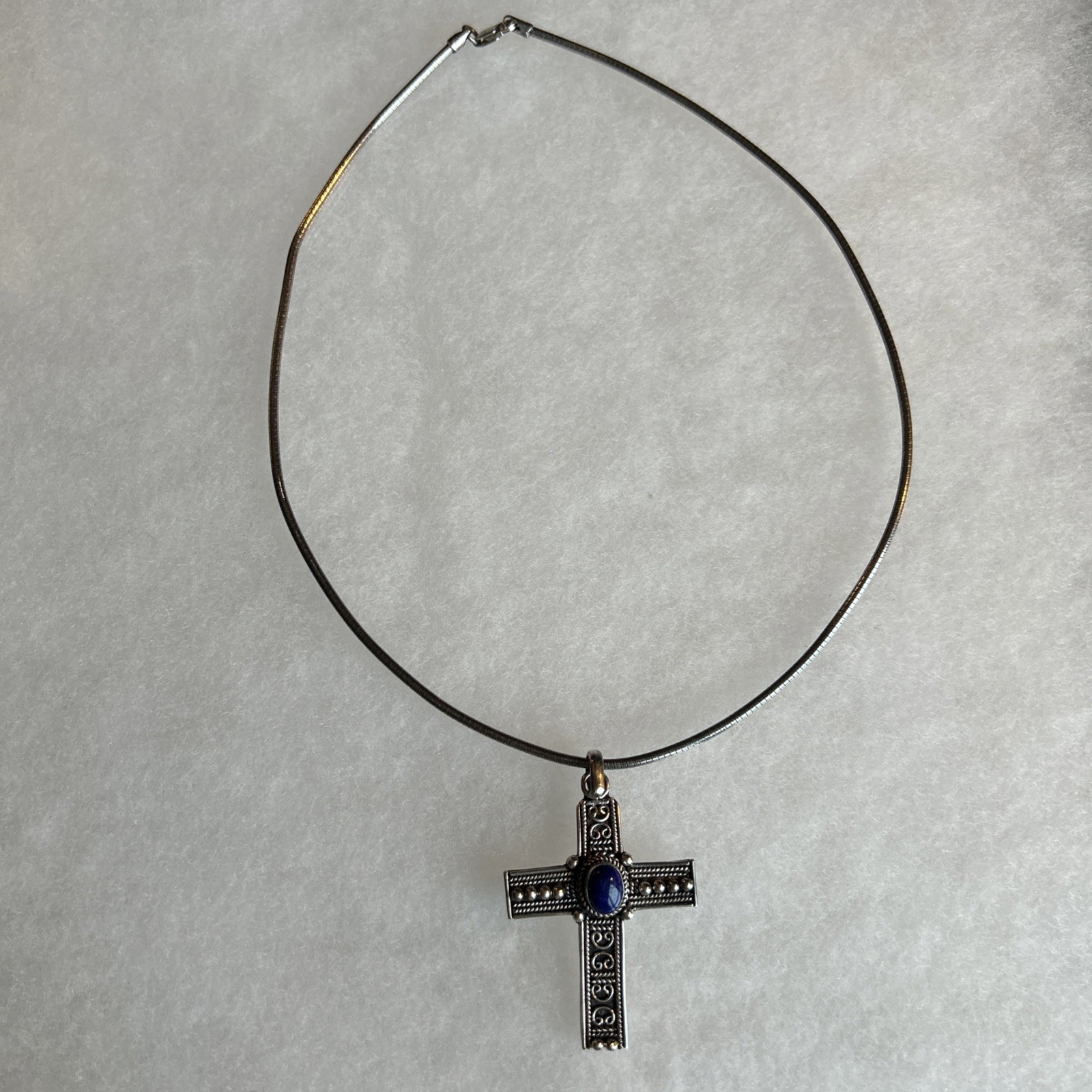 Sterling Silver 925 Omega Necklace And Ornate Cross Pendant With Blue Stone