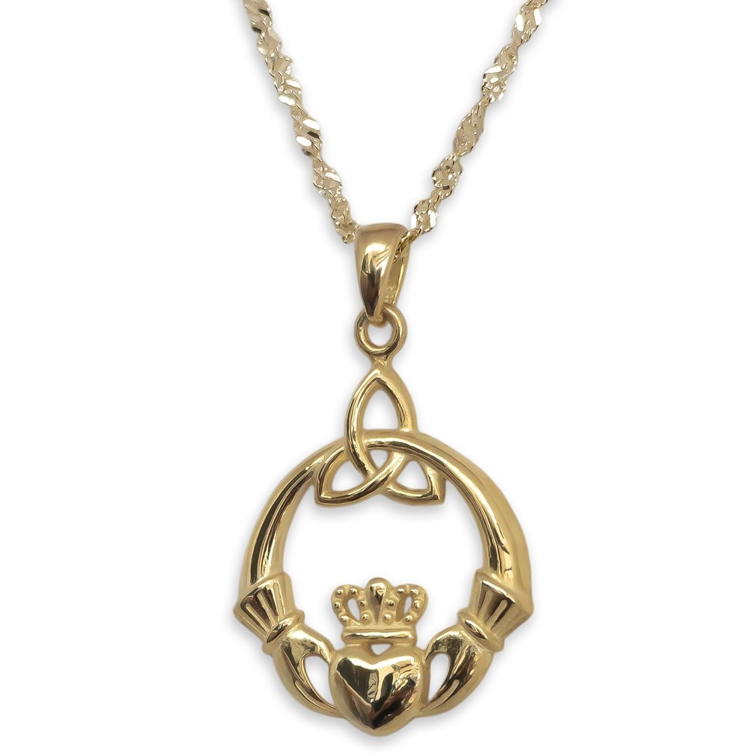 14K Gold Plated 925 Sterling Silver Irish Claddagh Necklace for Women, 20 Inches