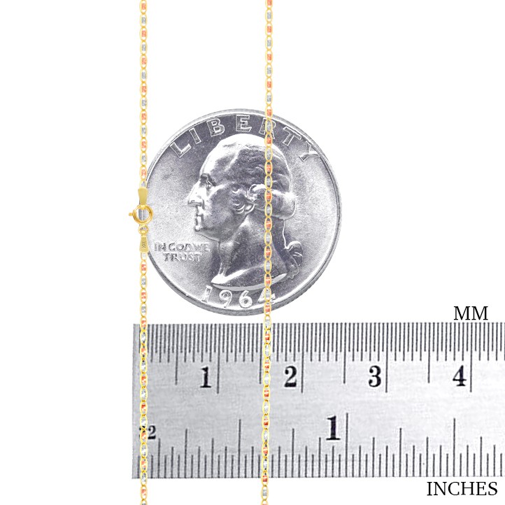 10K Solid Tri Yellow Rose White Gold Thin 1.5mm Valentino Chain Necklace 16″-24″
