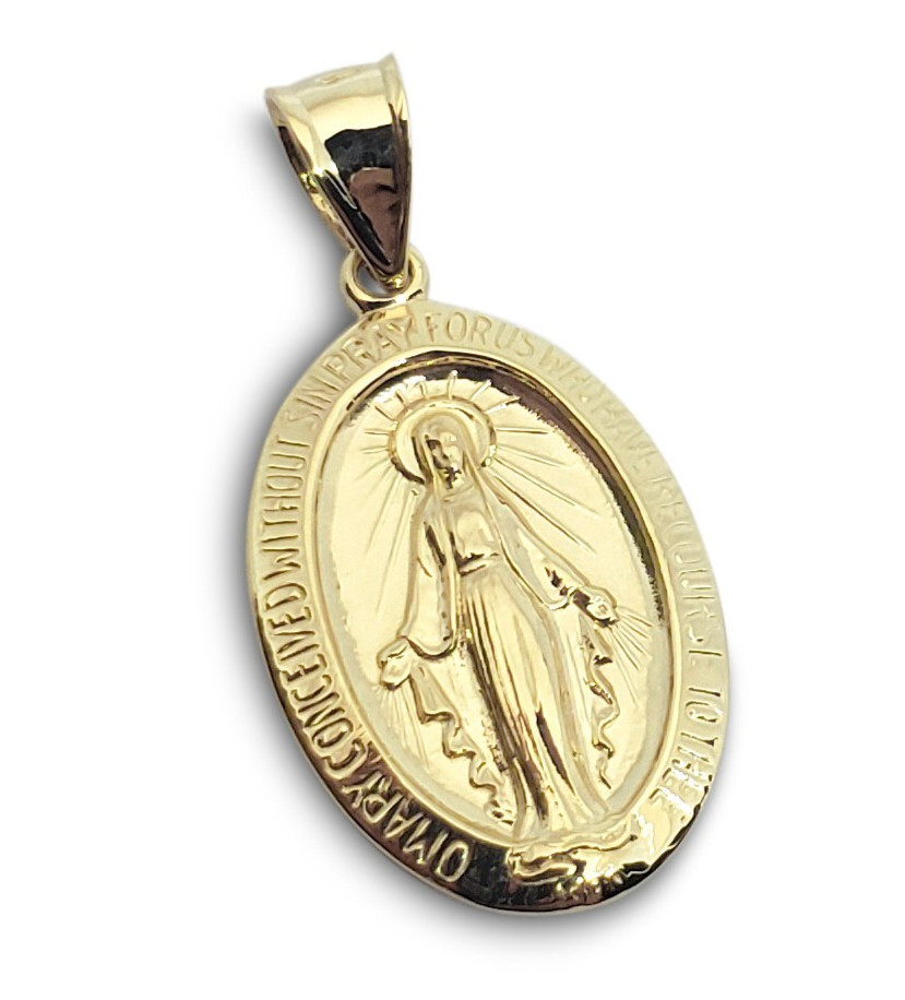 Solid 14K Yellow Gold Miraculous Medal Virgin Mary Pendant, 3/4″, Catholic