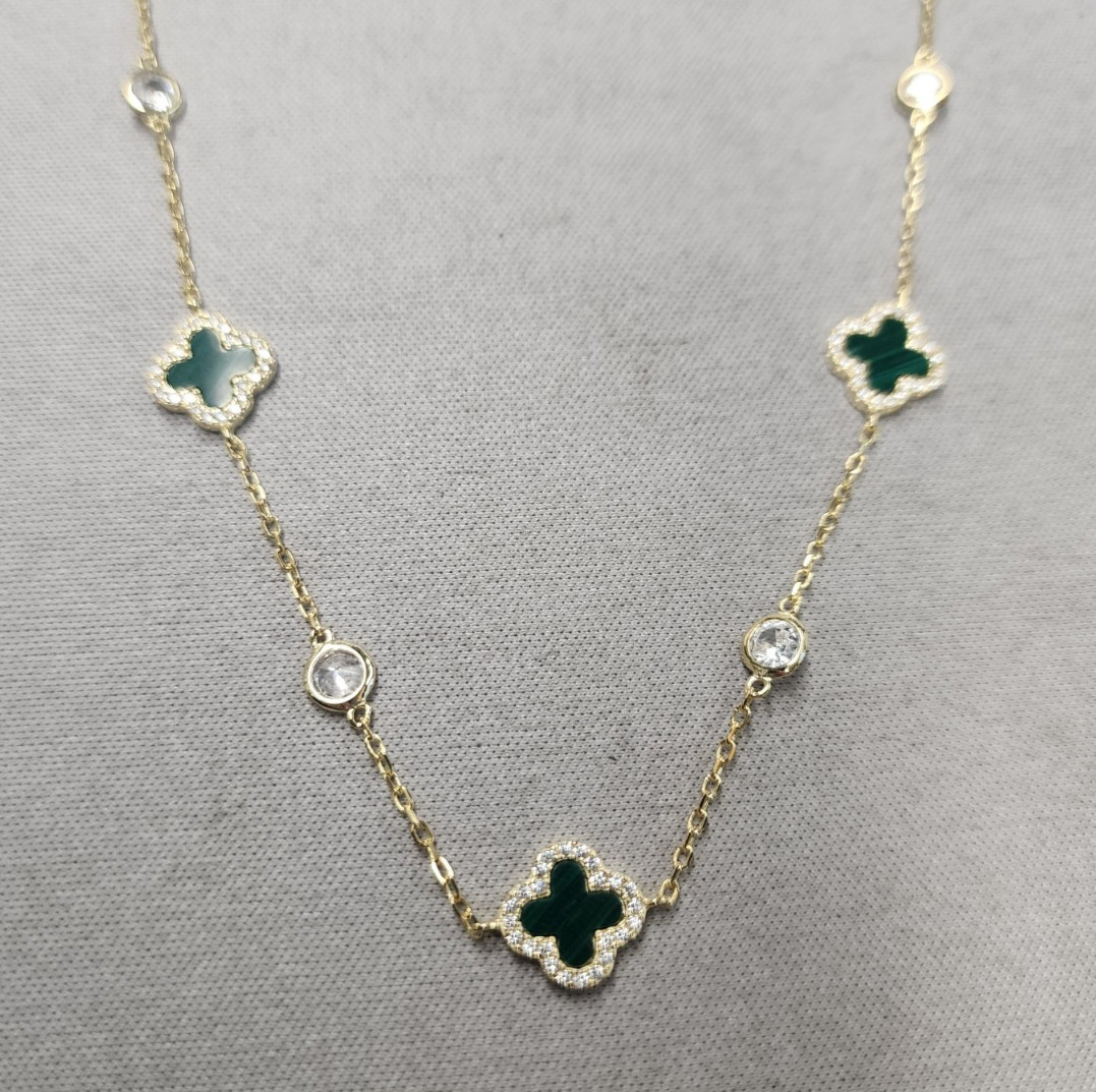 Malachite & CZ Gold Tone Sterling Silver Quatrefoil Station Necklace 16″+2″