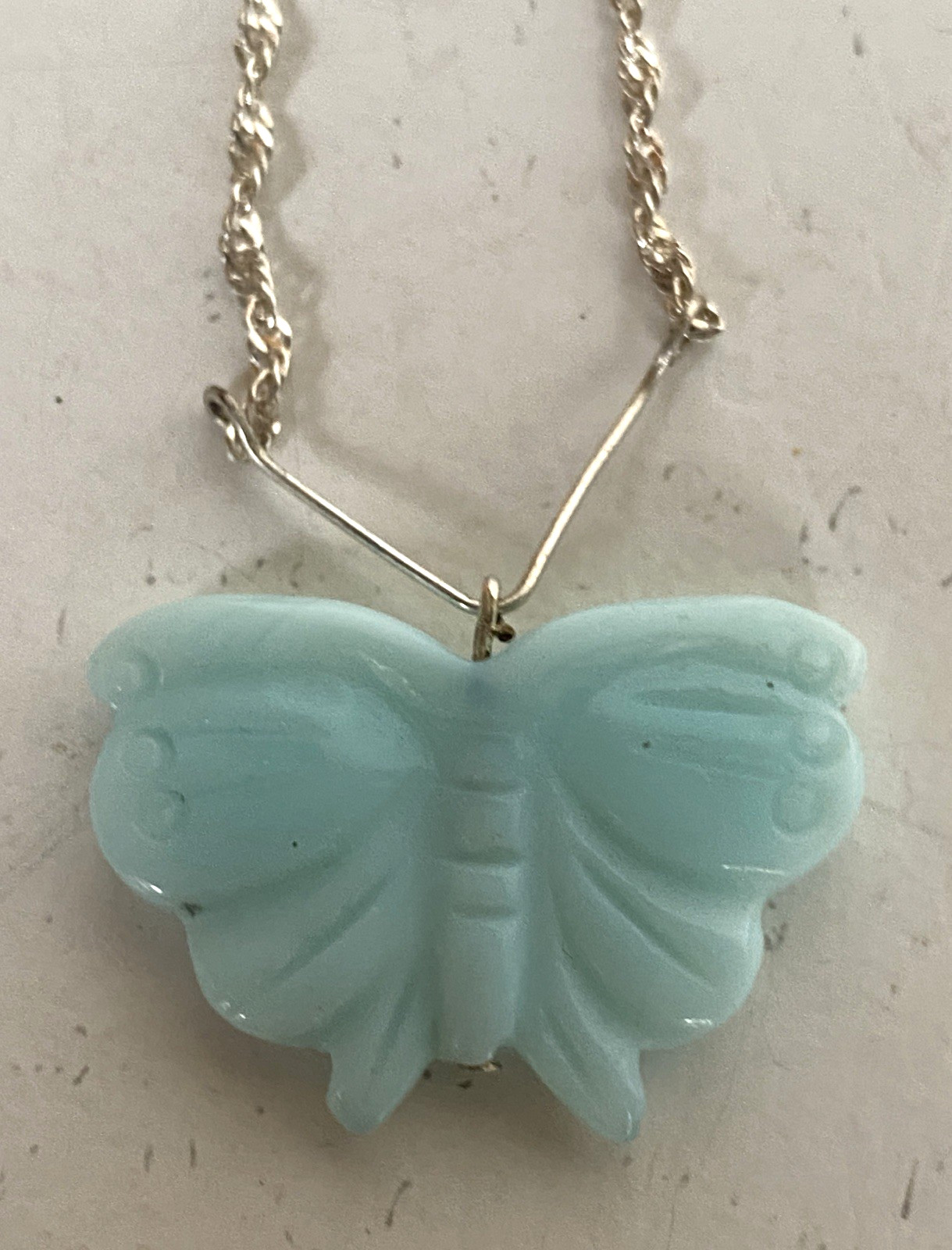Sterling Silver Chain with Carved Blue Amazonite Butterfly Pendant 18″ Long