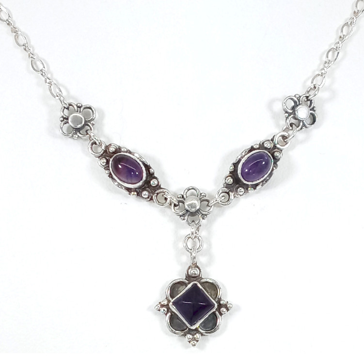 Vintage 925 Sterling Silver Amethyst Deep Royal Purple Floral Necklace