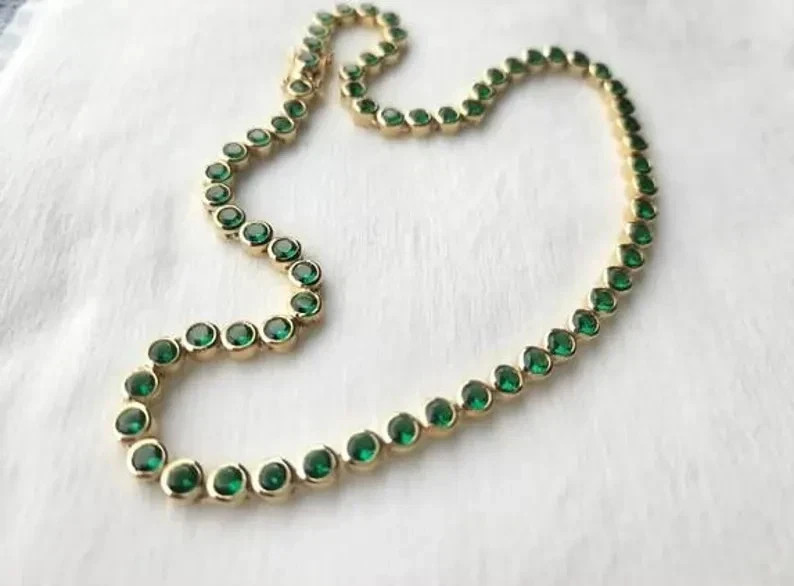 20TCW Round Cut Lab Created Emerald Bezel Tennis Necklace 14k Yellow Gold Plated