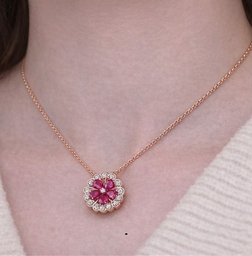 3 Ct Pear Cut Created Red Ruby Flower Pendant 14k Yellow Gold Plated Necklace