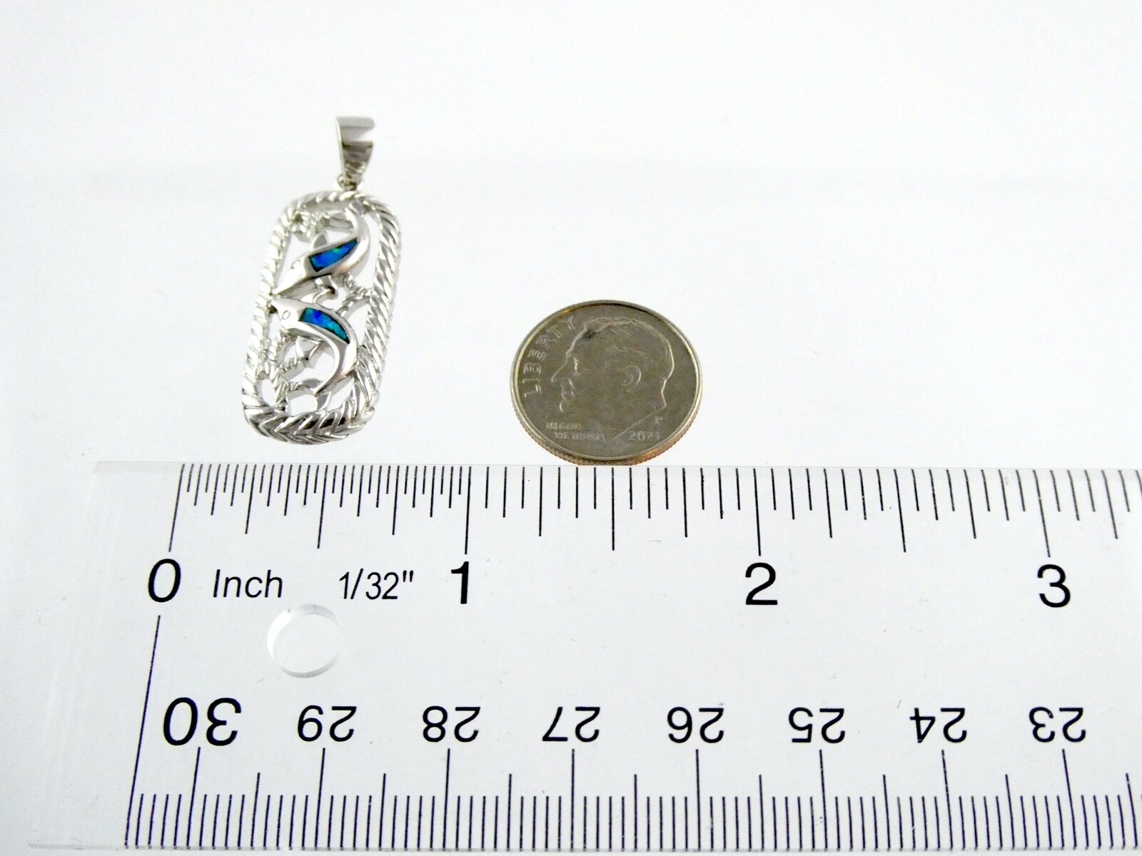 Sterling Silver Simulated Blue Opal Inlay Two Dolphin Pendant 925 5.3g 1 3/8 In
