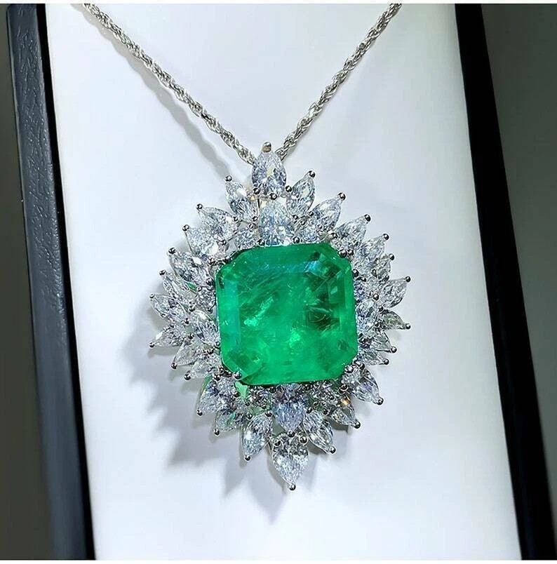 Gorgeous Pendant Asscher Cut Lab Created Emerald &Diamond 14K White Gold Plated