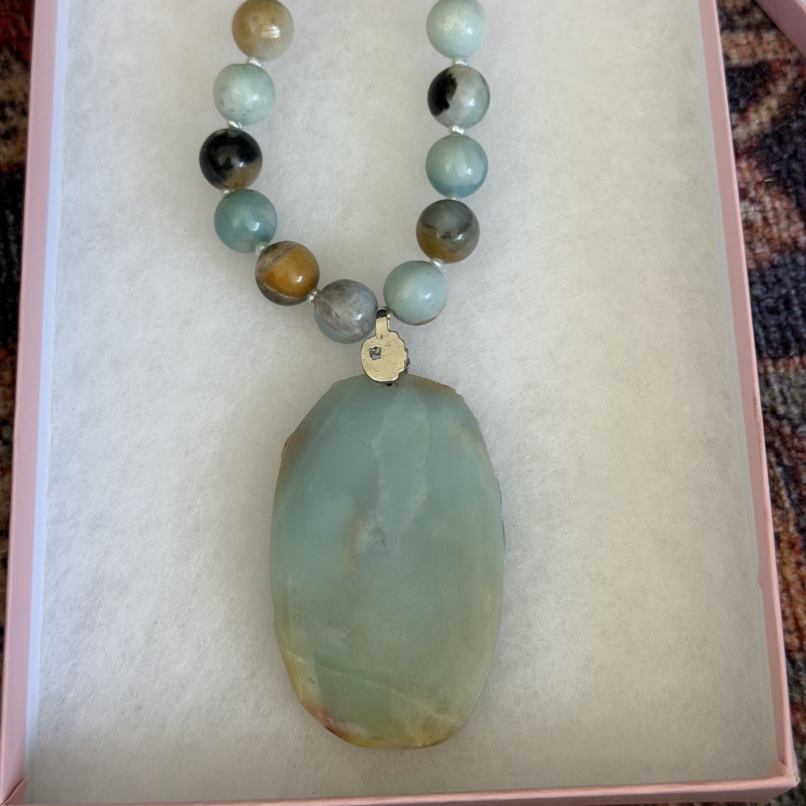 HAND CARVED AMAZONITE CAT & ROSE PENDANT NECKLACE EARRING SET WITH FANCY CLASP