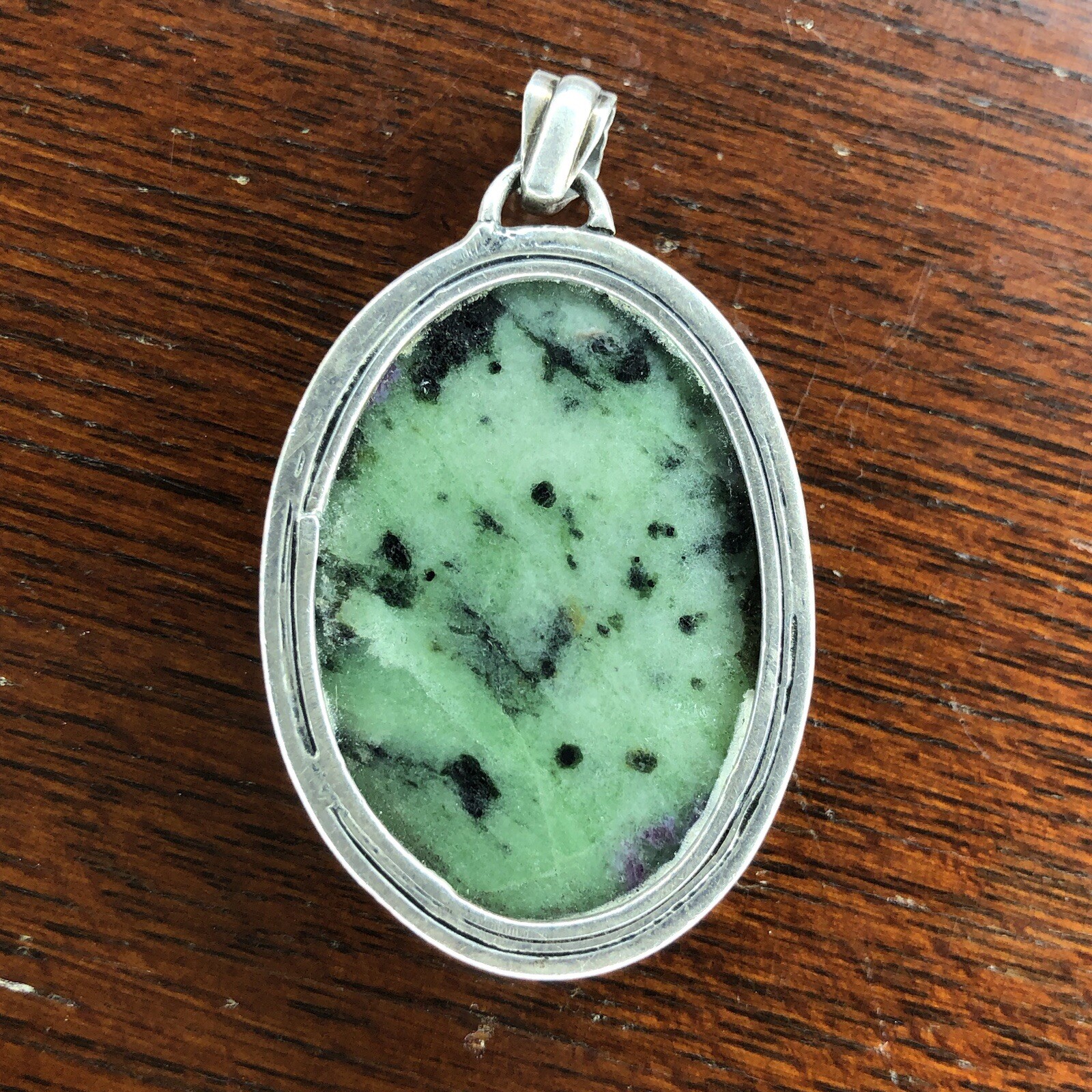 Sterling Silver Oval Bezel Set Green Pink Glows Ruby Zoisite 1 1/2 Inch Pendant