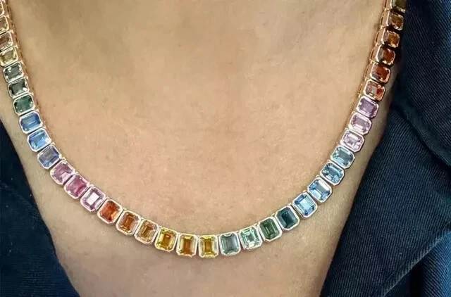 22Ct Emerald Rainbow Sapphire Bezel Set Tennis Necklace 14K Yellow Gold Plated