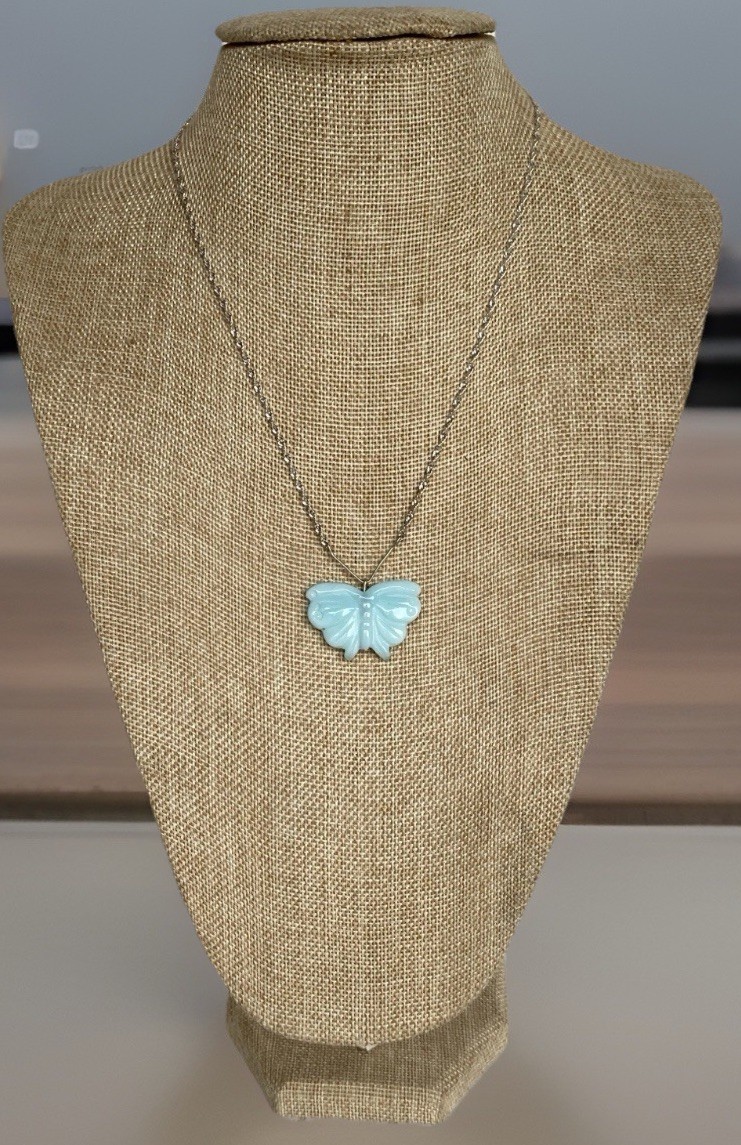 Sterling Silver Chain with Carved Blue Amazonite Butterfly Pendant 18″ Long
