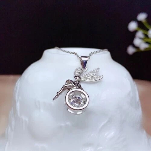 0.60Ct Round Cut Real Moissanite Angel Wings Pendant 14K White Gold Plated Chain