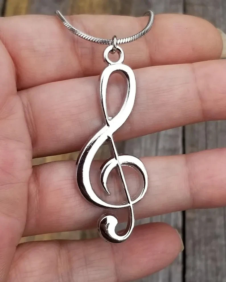 Large Stainless Steel Treble Clef Pendant Necklace, Music Note Necklace