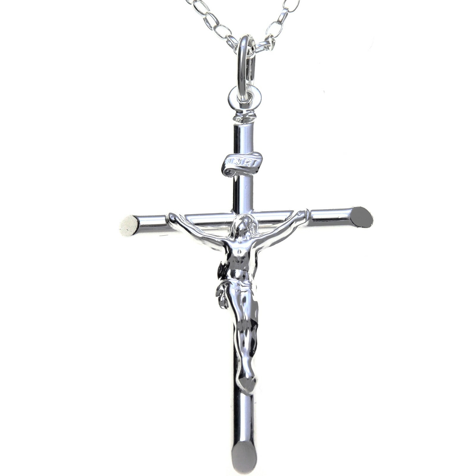 Large mens sterling silver Crucifix Cross pendant necklace with 20″ silver chain