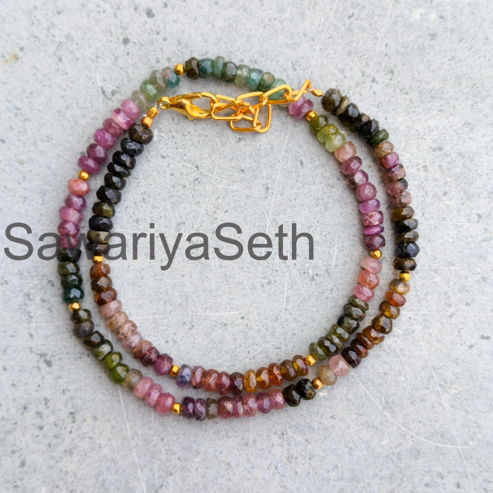 Multi Color Tourmaline Necklace, 4mm Faceted Rondelle Beads, Sterling Silver Cla