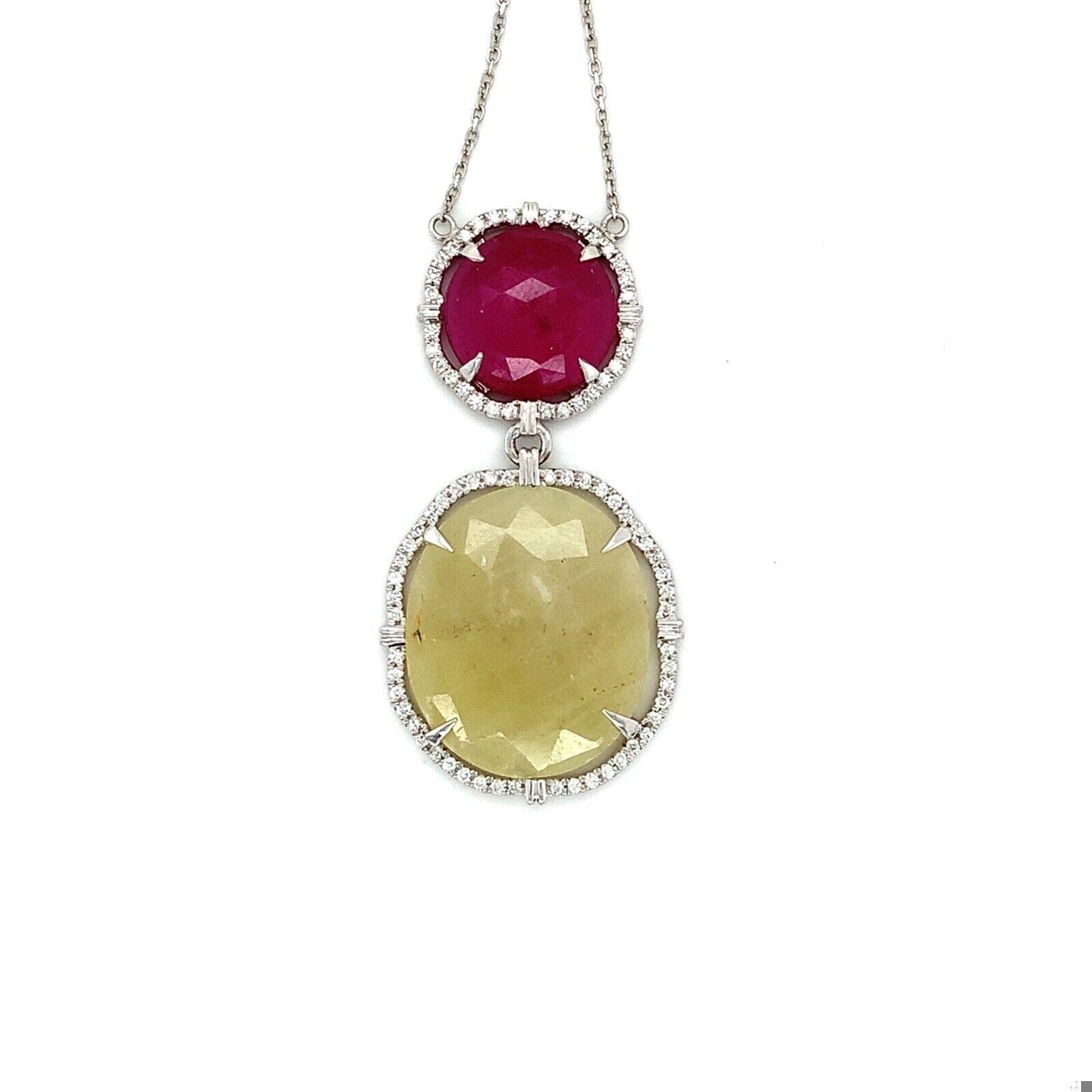 18k White Gold Rose Cut Red Rubellite And Lemon Quartz Halo Drop Pendant W Chain