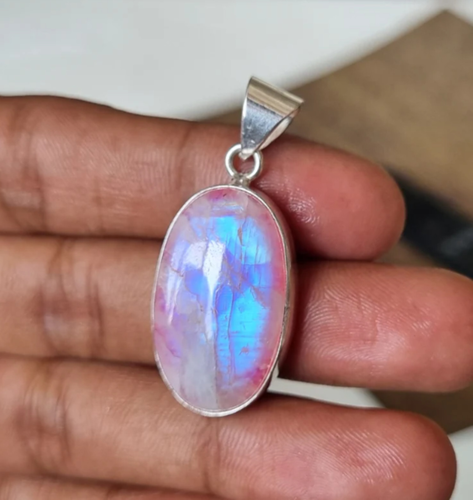Pink Moonstone Pendant Solid 925 Sterling Silver Simple Neck Jewelry item MK*