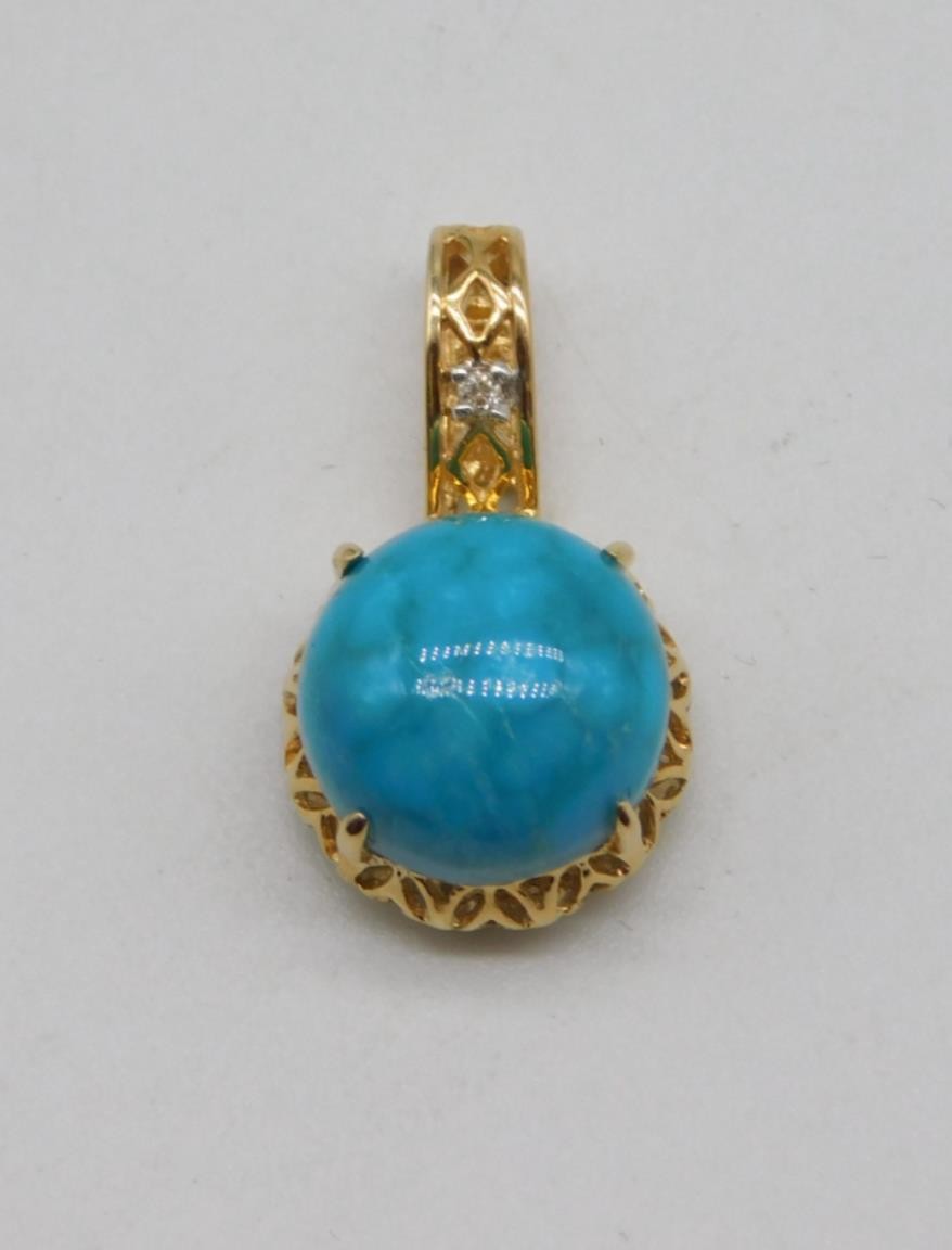 DESIGNER FP 14K SOLID YELLOW GOLD TURQUOISE DIAMOND STONE PENDANT