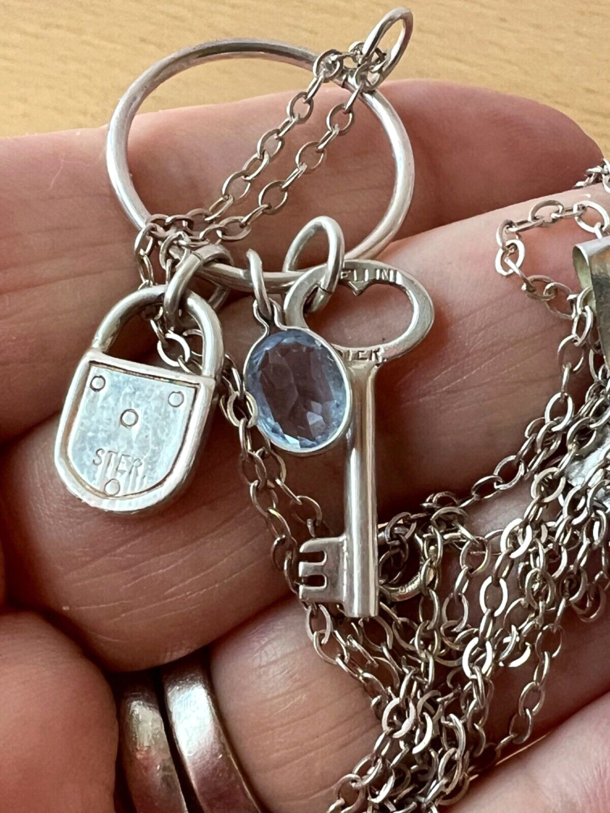 KEY, LOCK, BLUE CRYSTAL LARIAT PENDANT NECKLACE LONG CHAIN 925 STERLING SILVER