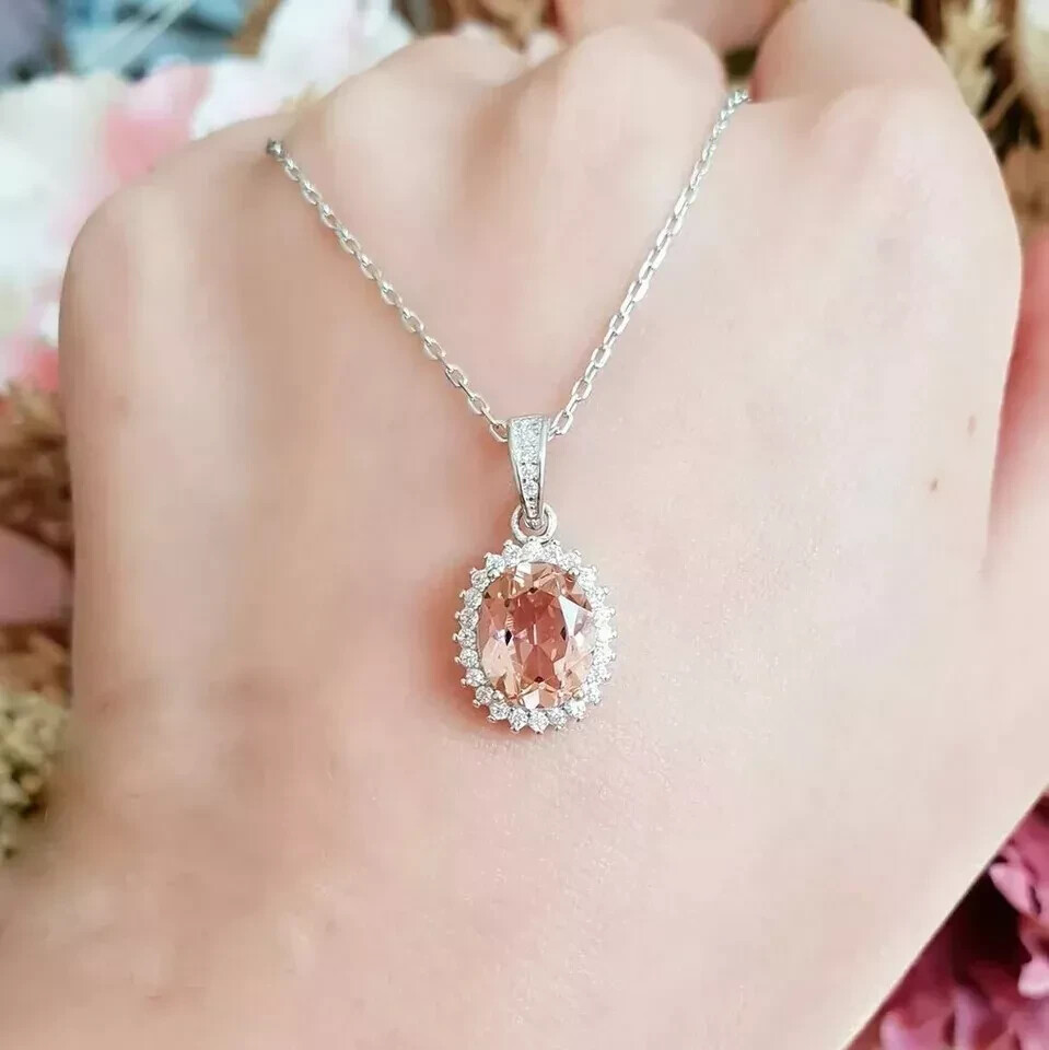 3 Carat Halo Peach Diamond Pendant With Free Chain 14K White Gold Finish
