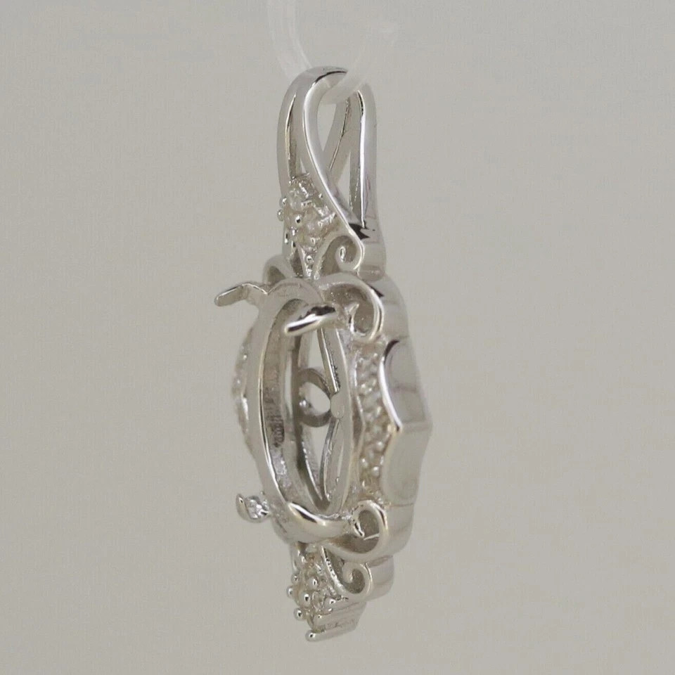 Sterling Silver Semi Mount Pendant Setting Oval 12x10mm White Zircon Cabochon