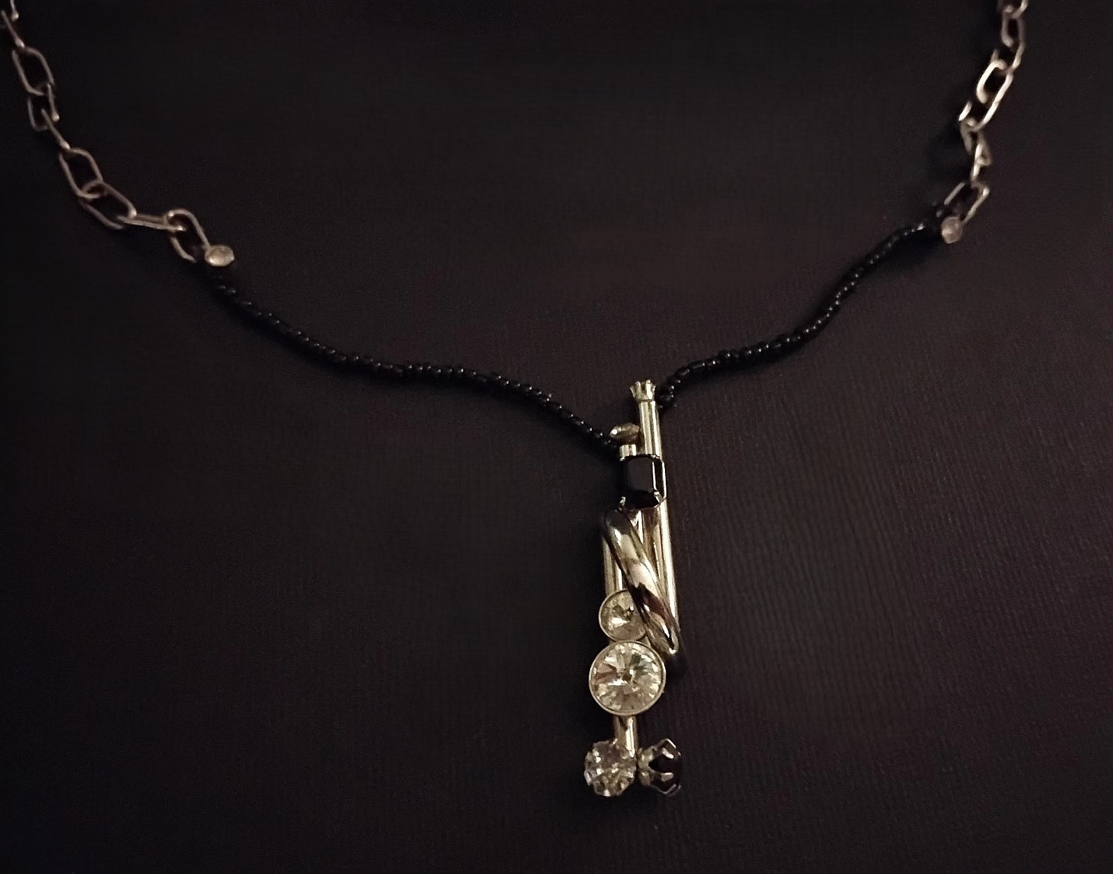 Vintage Artisan Art Deco Onyx Diamond Silver White 18k Gold Necklace Japan